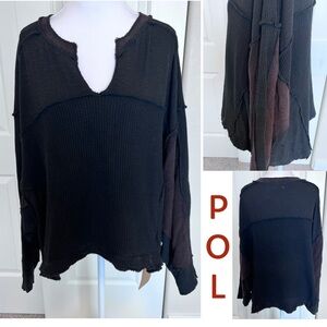 NWT POL Black Brown Waffle Knit Comfy Boyfriend Oversized Top Raw Edges Sz Small